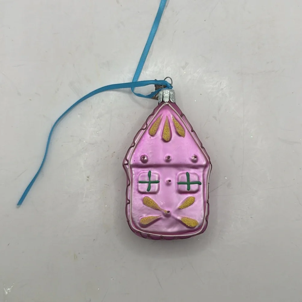 Pier 1 Mini House Pink Handpainted Glass Christmas Ornament Collectible Decor